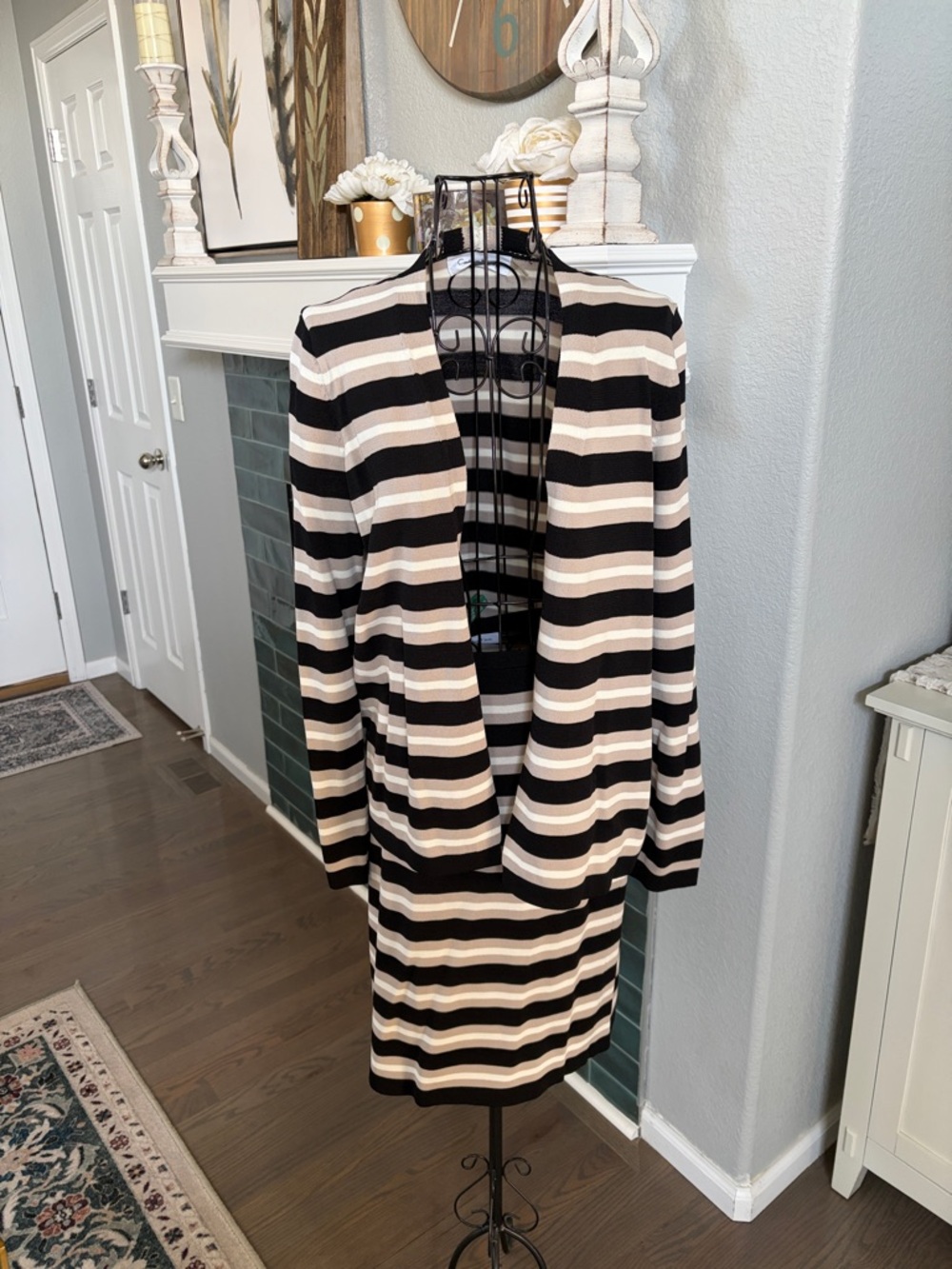 Calvin Klein Black and Cream Striped Skirt Suit Set
